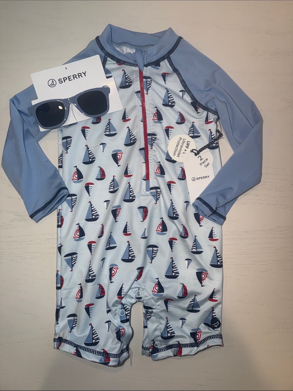 Sperry Blue Sailboat Boy Rashguard One-Piece with Sunglasses 24 months